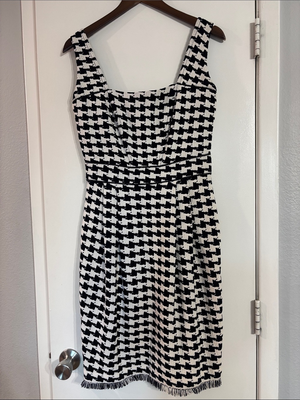 St. John Couture Black & White Houndstooth Tweed Dress with Fringe Trim Size 6